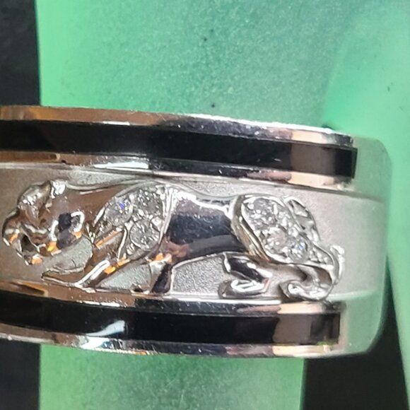 Men 14k White Gold Leopard Cat Enamel Diamond Ring